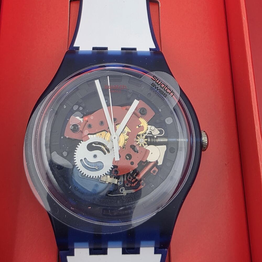NEW Swatch Swiss Clownfish Blue Skeleton Dial White And Blue Watch SUON112 Rever